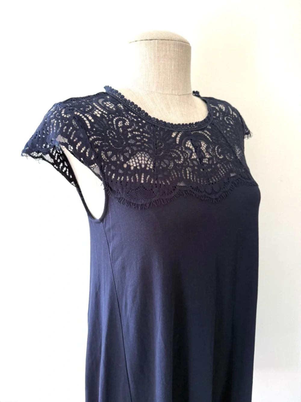 LOFT Navy Blue Lace Yoke Cap Sleeve Mini Swing Dress A-Line Crochet Detail Sz S - Picture 7 of 14